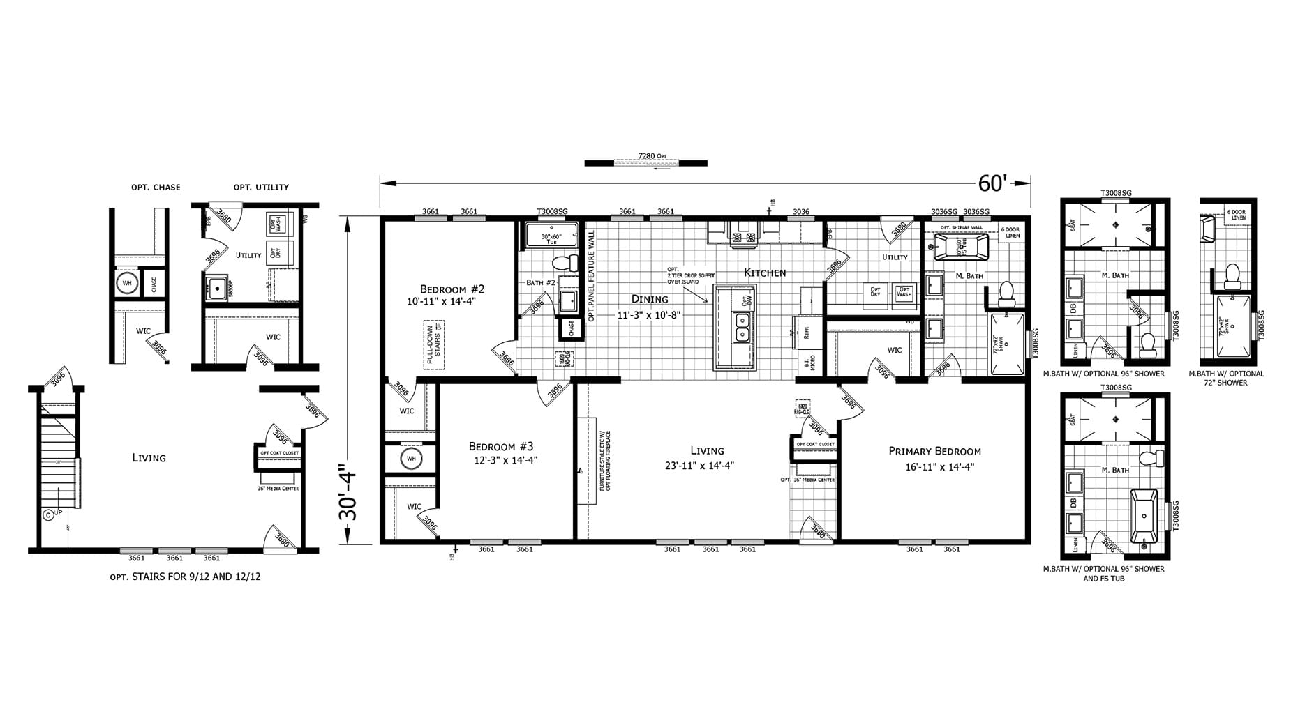 Black and white floor plan of a modular home featuring three bedrooms, two bathrooms, spacious living areas, and optional layouts.