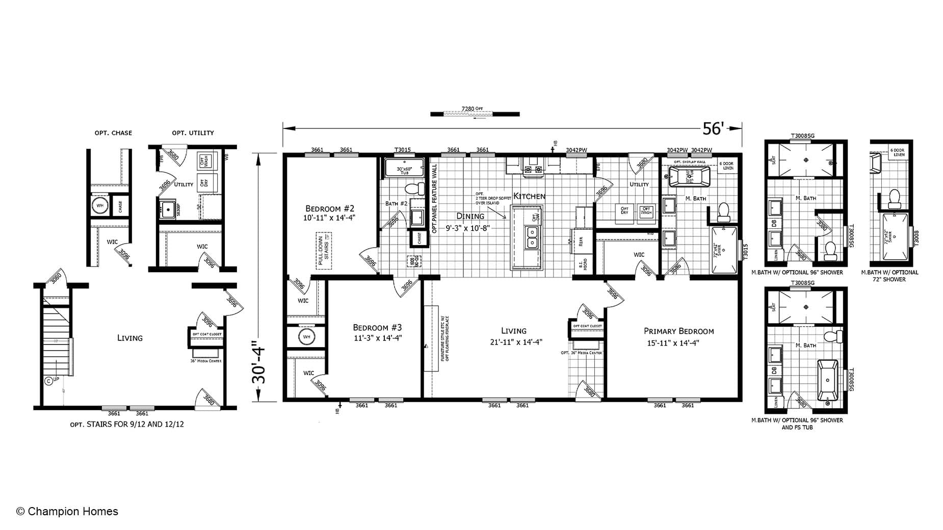 Black and white modular home floor plan of a three-bedroom, two-bath home with kitchen, living area, and utility spaces.