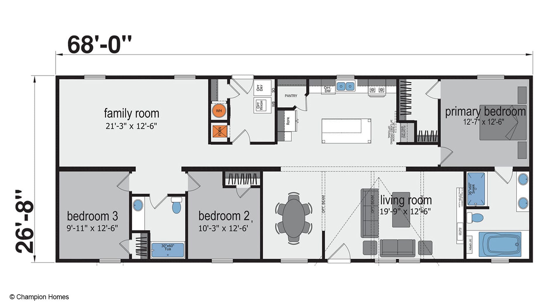 Floor plan of a three-bedroom manufactured home featuring labeled living and family rooms, kitchen, and two bathrooms.