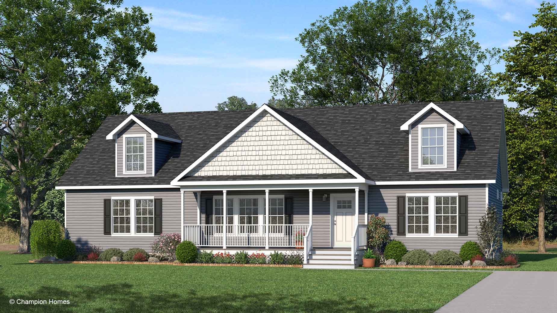 Gray modular home rendering with white trim, front porch, dormer windows, and a well-kept lawn with landscaping.