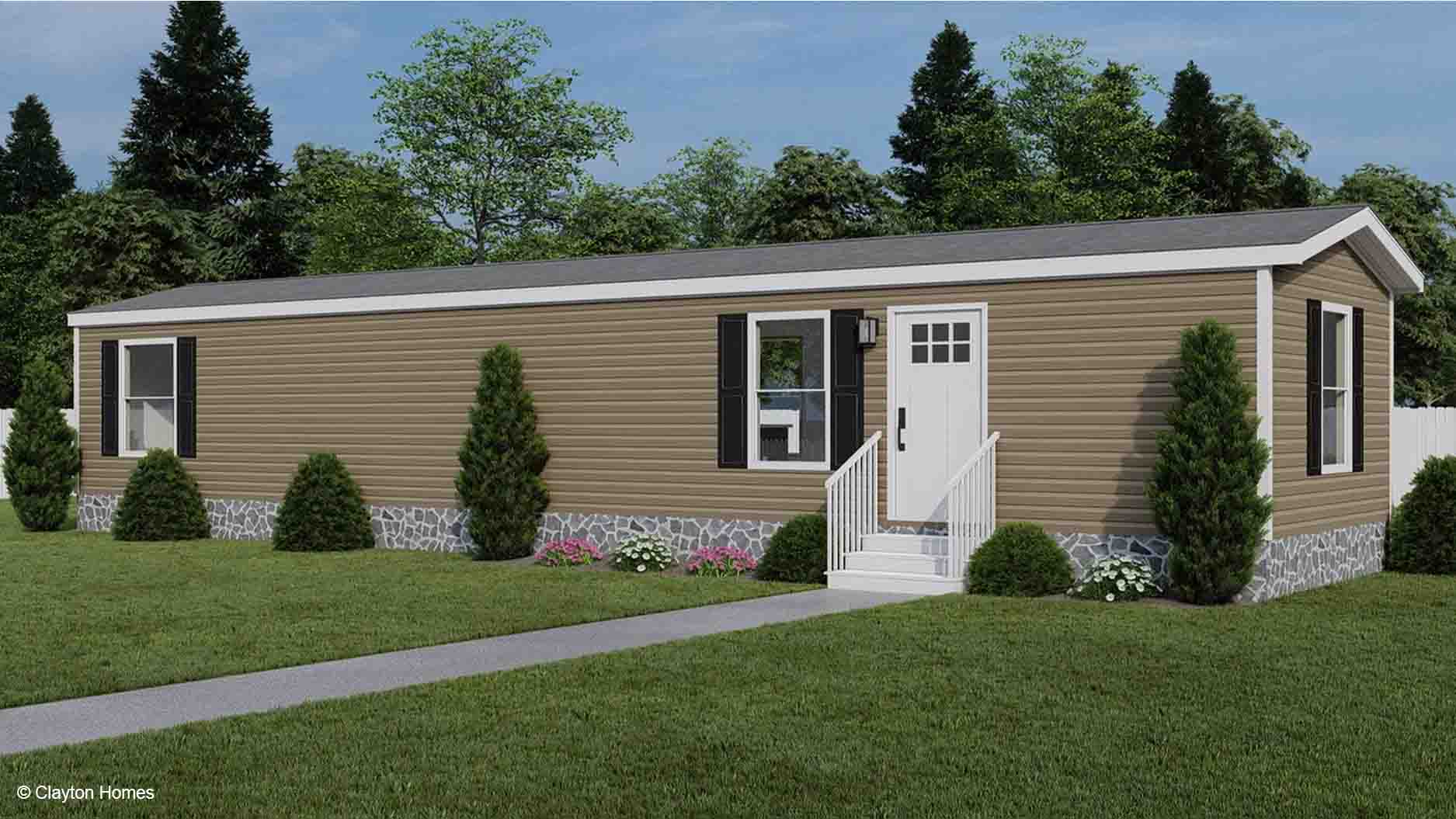 A beige manufactured home with white trim, small porch steps, bushes, a stone foundation, and a detailed manufactured home rendering.
