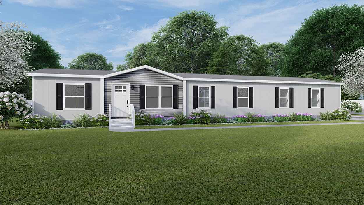 A long white modular home rendering features black shutters, steps to the door, and a green lawn in front.