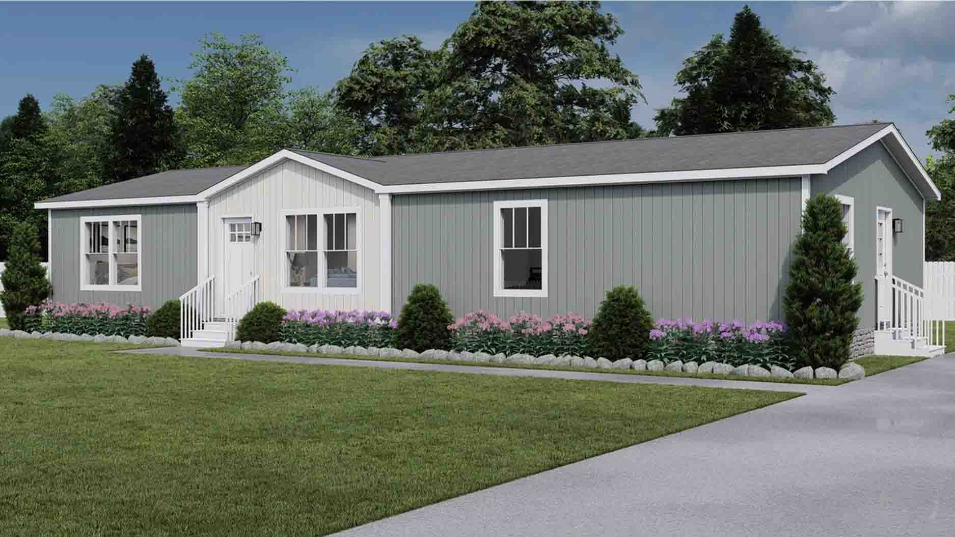Single-story gray manufactured home with white trim showcased in a detailed manufactured home rendering, featuring front steps and a garden with vibrant flowers and shrubs.