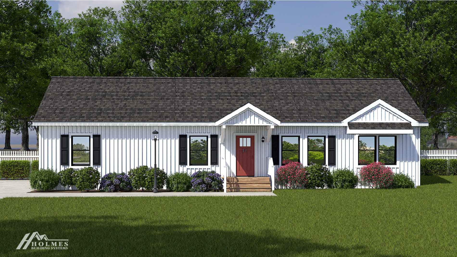 Charming white ranch-style modular home with black shutters, a small porch, and neat landscaping in front; trees in the background.