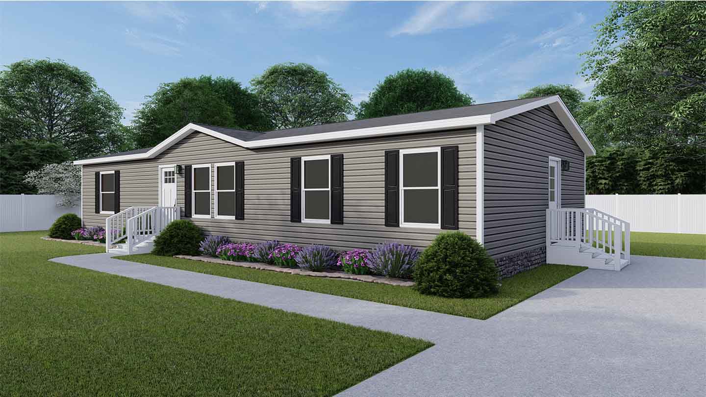 Single-story gray manufactured home with white trim, black shutters, and small front and back porches is beautifully showcased in this manufactured home rendering.